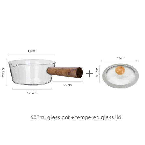 Transparenter Kochtopf aus Glas mit Holzgriff