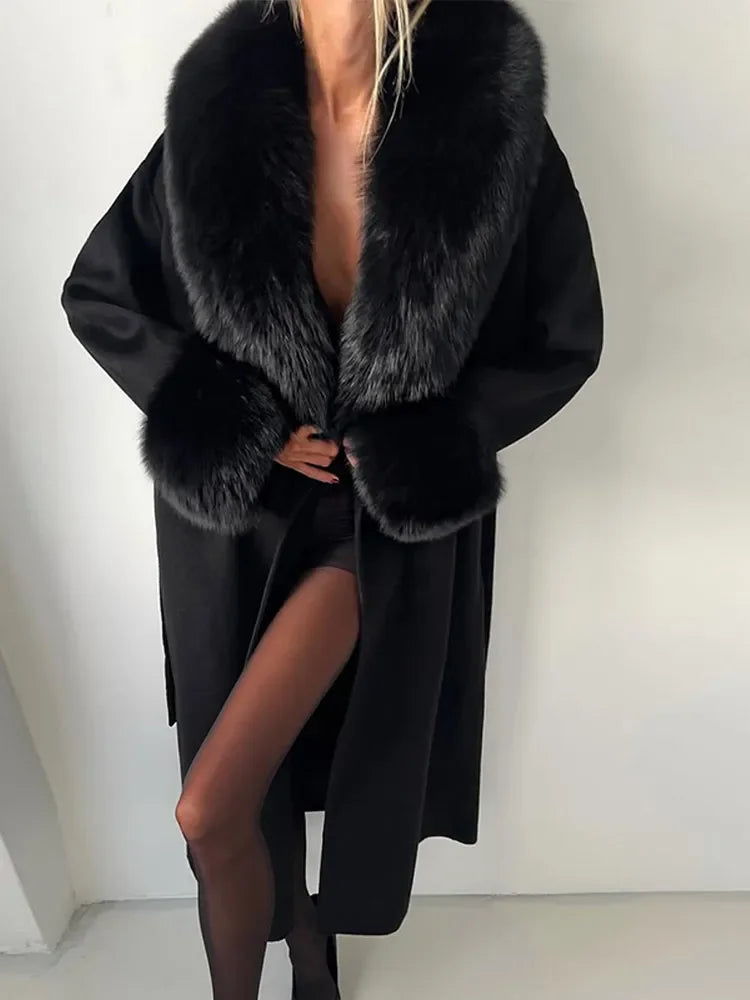 Elegant Women’s Faux Fur Patchwork Wool Coat