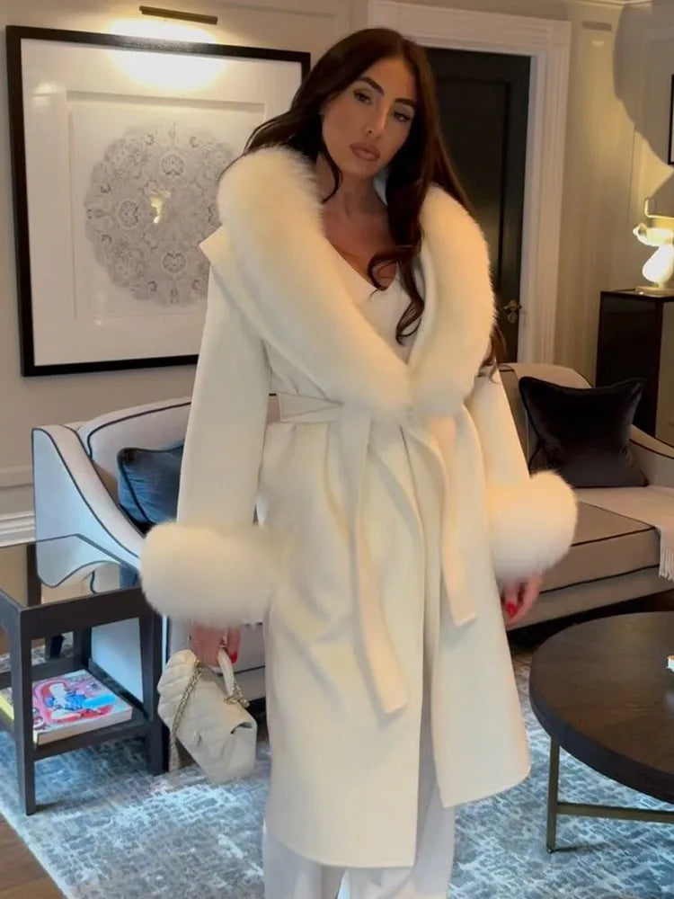 Elegant Women’s Faux Fur Patchwork Wool Coat