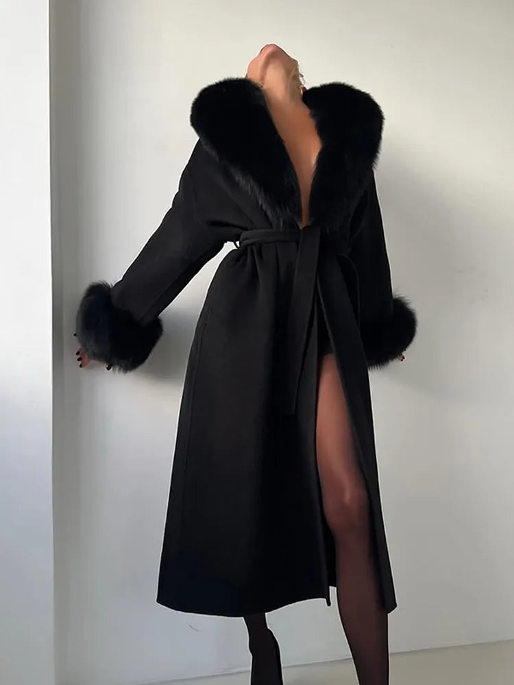 Elegant Women’s Faux Fur Patchwork Wool Coat