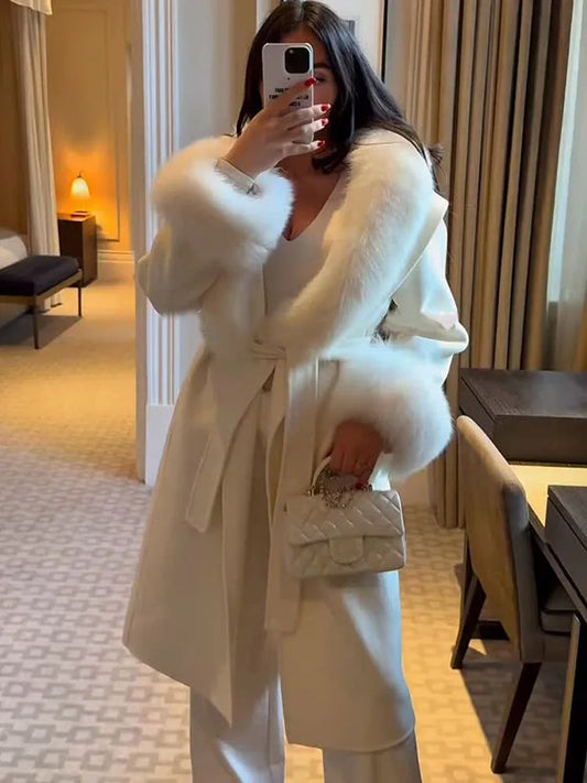 Elegant Women’s Faux Fur Patchwork Wool Coat