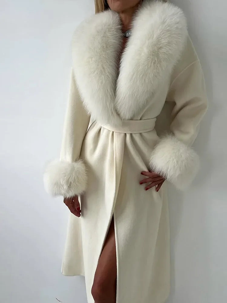 Elegant Women’s Faux Fur Patchwork Wool Coat